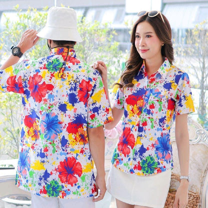 PINK038เสื้อเชิ้ตลายดอก ผ้าคอตตอน100% สีไม่ตก ผ้าไม่หด ลายคมชัด มีไซส์หญิงชาย งานป้ายKTIERออกแบบเอง*1ตัว*