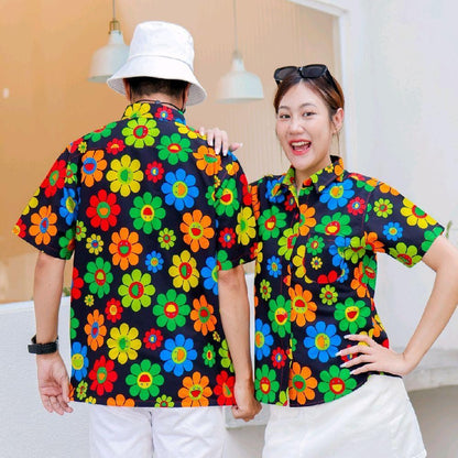 KING036เสื้อเชิ้ตลายยิ้ม  ผ้าคอตตอน100% สีไม่ตก ผ้าไม่หด ลายคมชัด มีไซส์หญิงชาย งานป้ายKTIERออกแบบเอง*1ตัว*