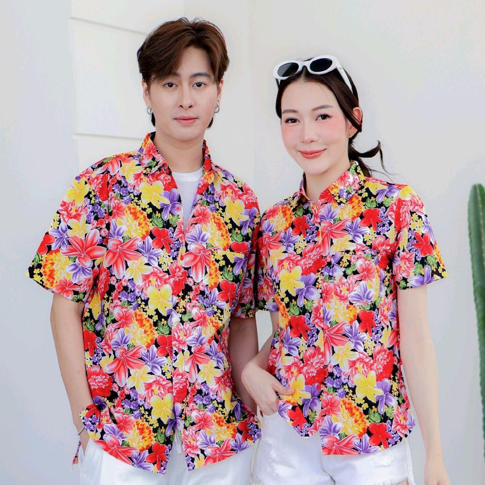 PINK014เสื้อเชิ้ตลายดอก ผ้าคอตตอน100% สีไม่ตก ผ้าไม่หด ลายคมชัด มีไซส์หญิงชาย งานป้ายKTIERออกแบบเอง*1ตัว*