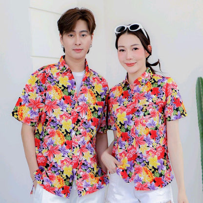PINK014เสื้อเชิ้ตลายดอก ผ้าคอตตอน100% สีไม่ตก ผ้าไม่หด ลายคมชัด มีไซส์หญิงชาย งานป้ายKTIERออกแบบเอง*1ตัว*