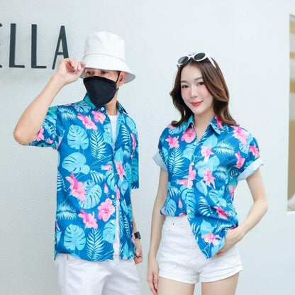 PINK3129 เสื้อฮาวายลายใหม่2025  ทรงวัยรุ่น หญิงชายใส่ได้ ผ้าโพลีพรีเมี่ยม ไซส์S-8XL งานปัาย ลายคมชัด  **1ตัว**