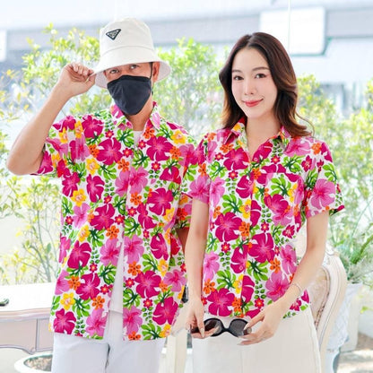 PINK023เสื้อเชิ้ตลายดอก ผ้าคอตตอน100% สีไม่ตก ผ้าไม่หดทลายคมชัด มีไซส์หญิงชาย34-56นิ้ว งานป้ายKTIER**1ตัว