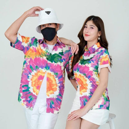 PINK3135เสื้อฮาวายลายมัดย้อม สีสันสดใส ไซส์S-8XL ผ้าโพลีพลีเมี่ยม ทรงวัยรุ่น หญิงชายใส่ได้ ลายคมชัด **1ตัว**