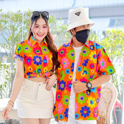 PINK036เสื้อเชิ้ตลายยิ้ม  ผ้าคอตตอน100% สีไม่ตก ผ้าไม่หด ลายคมชัด มีไซส์หญิงชาย งานป้ายKTIERออกแบบเอง*1ตัว*