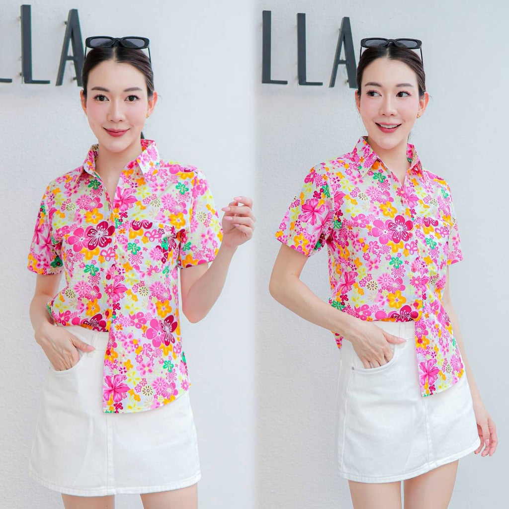 PINKรวมเสื้อเชิ้ตลายดอก2025 เสื้อสงกรานต์ลายดอก ผ้าคอตตอน100% สีไม่ตก ผ้าไม่หด