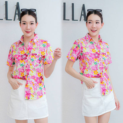 PINKรวมเสื้อเชิ้ตลายดอก2025 เสื้อสงกรานต์ลายดอก ผ้าคอตตอน100% สีไม่ตก ผ้าไม่หด