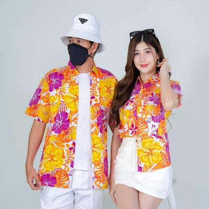 PINK030เสื้อเชิ้ตลายดอก ผ้าคอตตอน100% สีไม่ตก ผ้าไม่หดทลายคมชัด มีไซส์หญิงชาย34-56นิ้ว งานป้ายKTIER**1ตัว