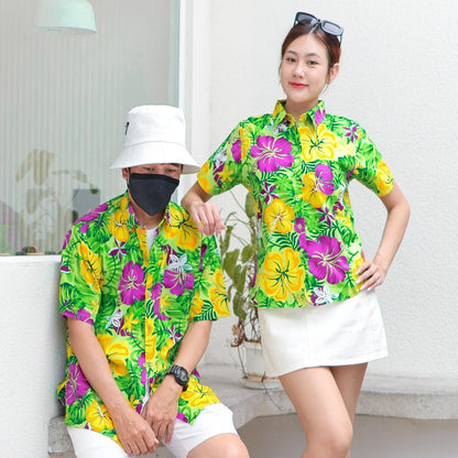 PINK029 เสื้อเชิ้ตลายดอก ผ้าคอตตอน100% สีไม่ตก ผ้าไม่หด ลายคมชัด มีไซส์หญิงชาย งานป้ายKTIERออกแบบเอง*1ตัว*