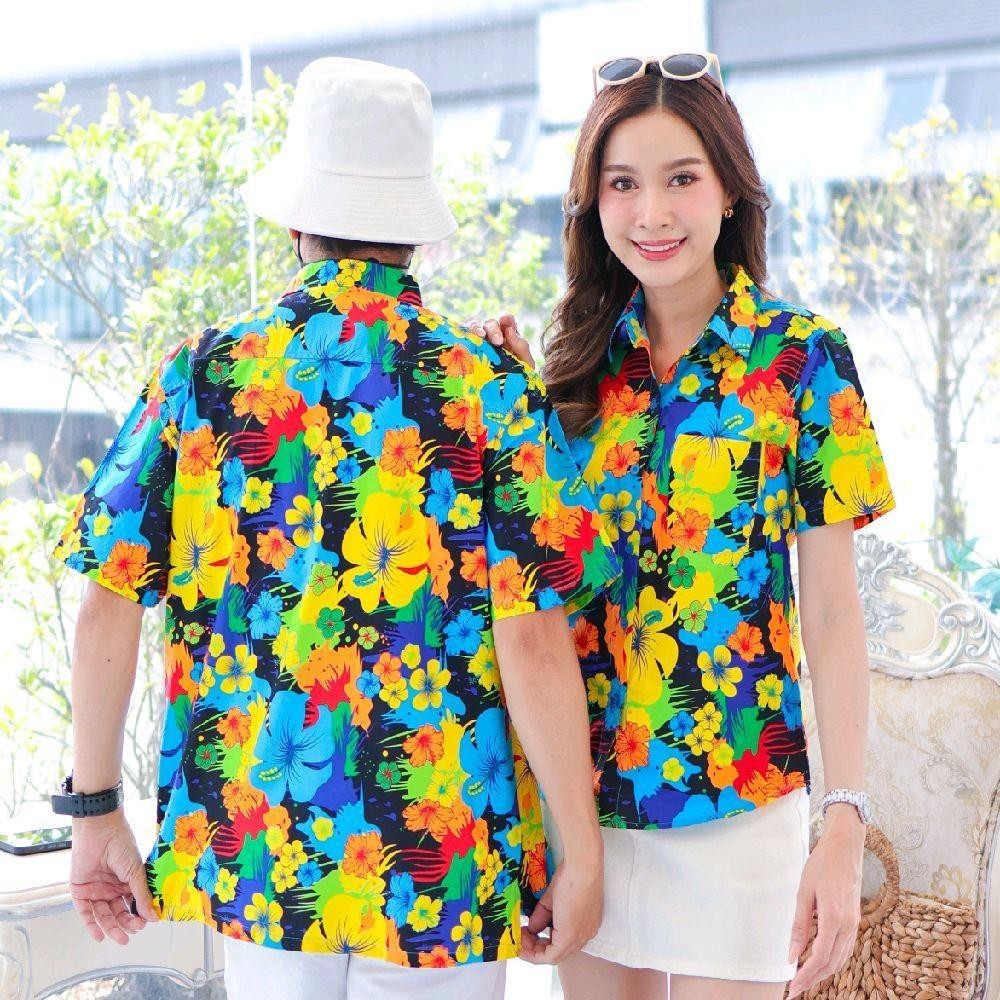 039เสื้อเชิ้ตลายดอก ผ้าคอตตอน100% สีไม่ตก ผ้าไม่หด ลายคมชัด มีไซส์หญิงชาย งานป้ายKTIERออกแบบเอง*1ตัว*