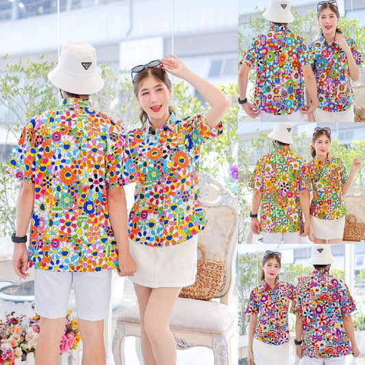 PINK034เสื้อเชิ้ตลายยิ้ม ผ้าคอตตอน100% สีไม่ตก ผ้าไม่หด ลายคมชัด มีไซส์หญิงชาย งานป้ายKTIERออกแบบเอง*1ตัว*