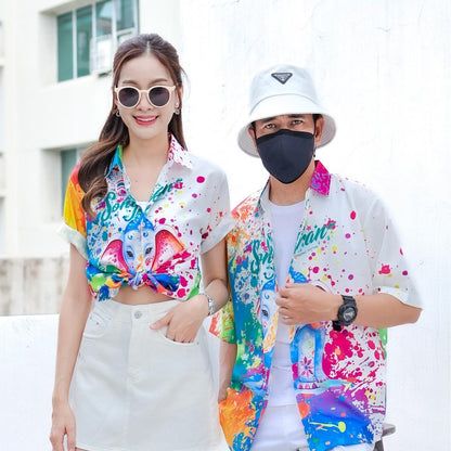 เสื้อฮาวายลายใหม่2025เวอร์ชั่นใหม่ สาดสีSongkran ทรงวัยรุ่น หญิงชายใส่ได้ ผ้าโพลีพรีเมี่ยม ไซส์เด็ก-ผู้ใหงานปัาย *1ตัว*
