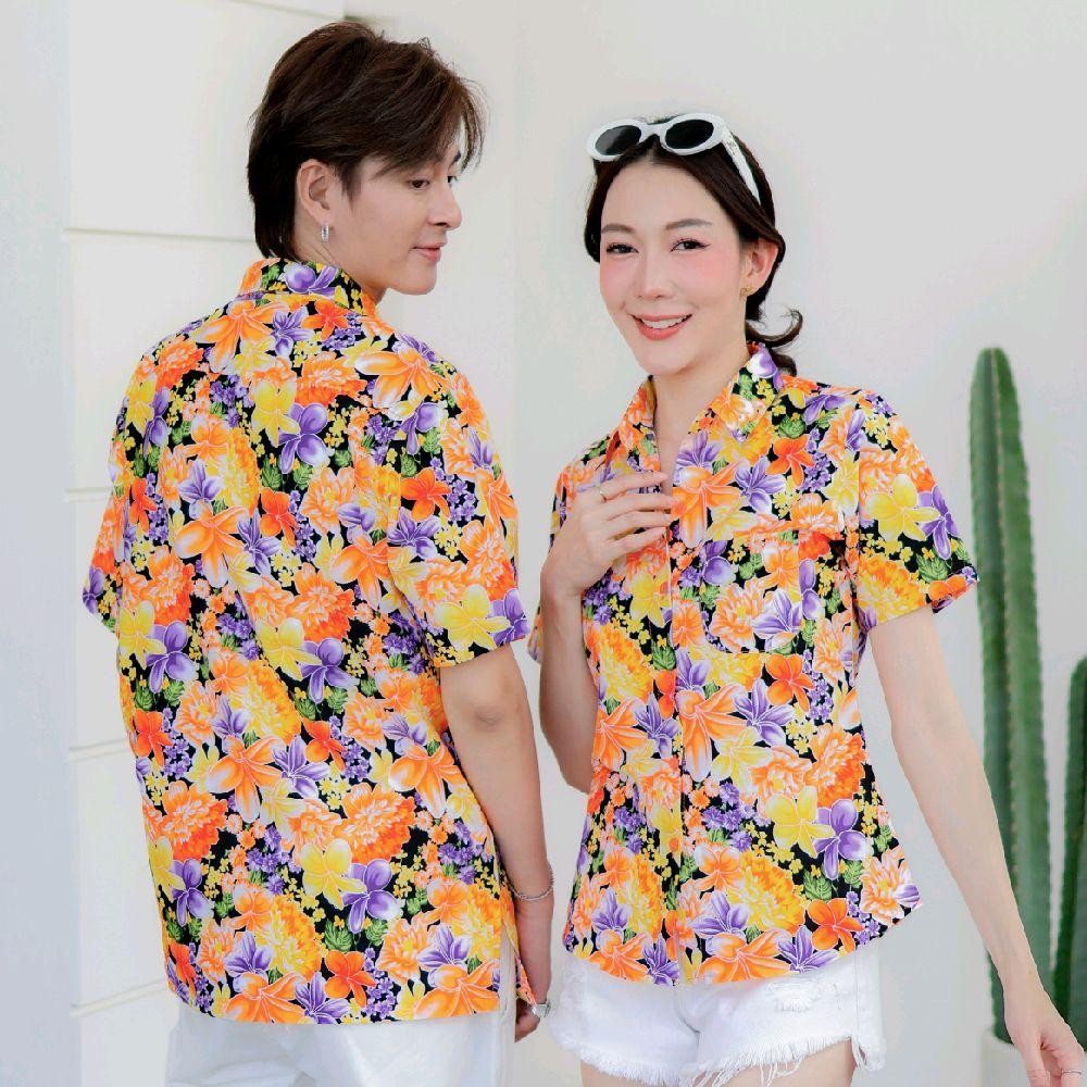 PINK014เสื้อเชิ้ตลายดอก ผ้าคอตตอน100% สีไม่ตก ผ้าไม่หด ลายคมชัด มีไซส์หญิงชาย งานป้ายKTIERออกแบบเอง*1ตัว*