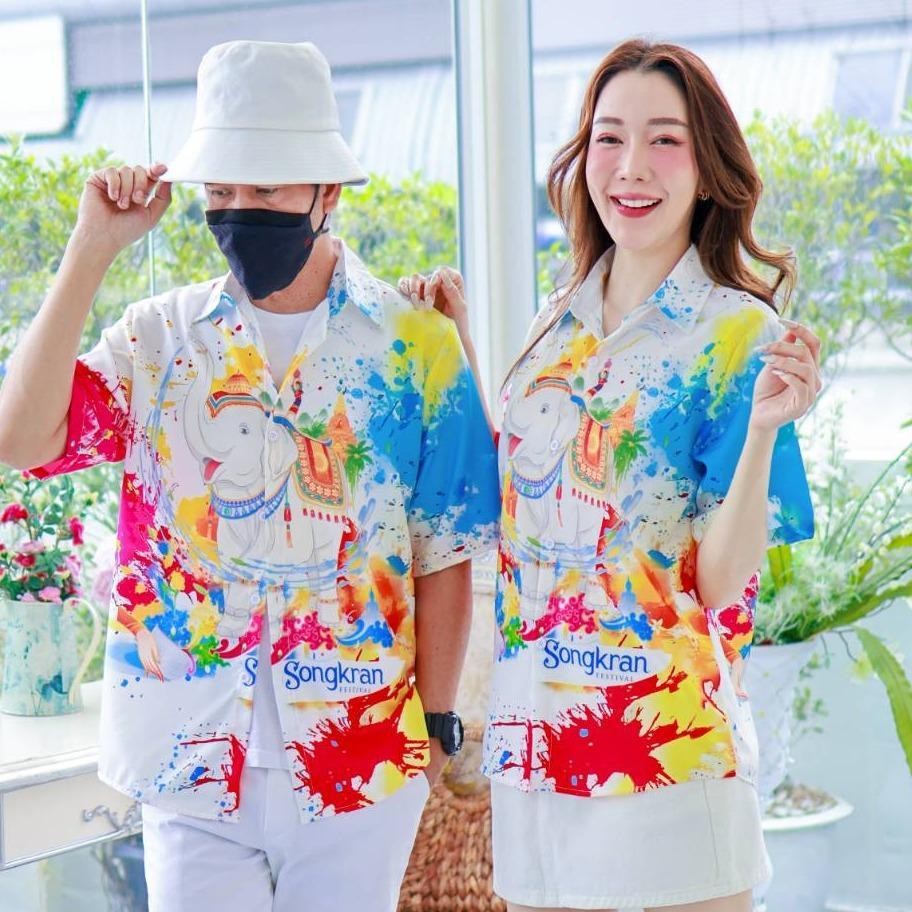 PINK3117เสื้อฮาวายลายช้างSongkran ไซส์เด็ก-ผู้ใหญ่8XL ครบทีม ผ้าโพลีพลีเมี่ยม ทรงวัยรุ่น หญิงชายใส่ได้ ลายคมชัด **1ตัว**