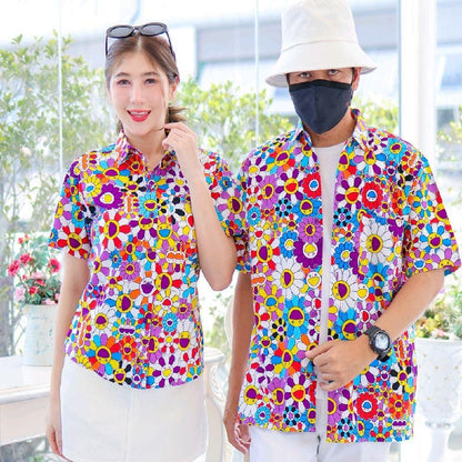 PINK034เสื้อเชิ้ตลายยิ้ม ผ้าคอตตอน100% สีไม่ตก ผ้าไม่หด ลายคมชัด มีไซส์หญิงชาย งานป้ายKTIERออกแบบเอง*1ตัว*