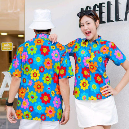 KING036เสื้อเชิ้ตลายยิ้ม  ผ้าคอตตอน100% สีไม่ตก ผ้าไม่หด ลายคมชัด มีไซส์หญิงชาย งานป้ายKTIERออกแบบเอง*1ตัว*