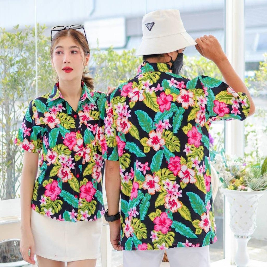 KING09 เสื้อเชิ้อสงกรานต์ลายดอก ผ้าคอตตอน100% สีไม่ตก ผ้าไม่หด ลายคมชัด มีไซส์หญิงชาย 34-56นิ้ว งานป้าย ออกแบบเอง*1ตัว*