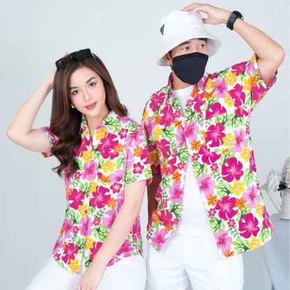 PINK023เสื้อเชิ้ตลายดอก ผ้าคอตตอน100% สีไม่ตก ผ้าไม่หดทลายคมชัด มีไซส์หญิงชาย34-56นิ้ว งานป้ายKTIER**1ตัว