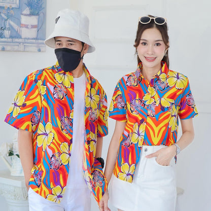 PINK031เสื้อเชิ้ตลายดอก ผ้าคอตตอน100% สีไม่ตก ผ้าไม่หดทลายคมชัด มีไซส์หญิงชาย34-56นิ้ว งานป้ายKTIER**1ตัว