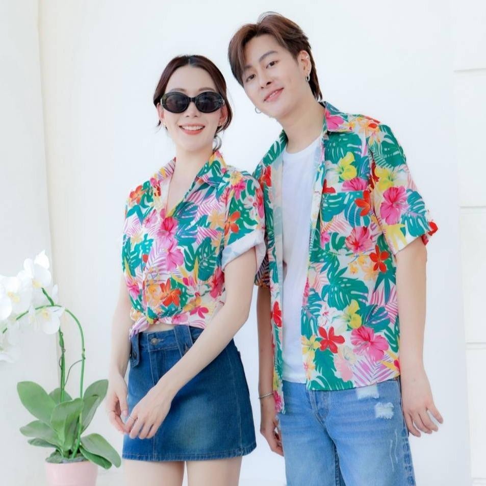 PINK3119เสื้อฮาวายลายดอก ไซส์เด็ก-ผู้ใหญ่8XL ครบทีม ผ้าโพลีพลีเมี่ยม ทรงวัยรุ่น หญิงชายใส่ได้ ลายคมชัด **1ตัว**