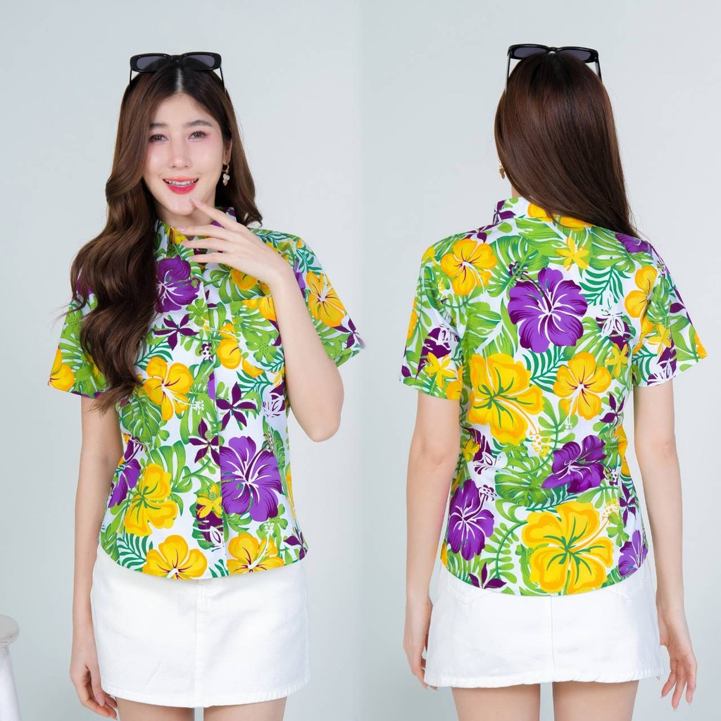 Pinkรวมเสื้อเชิ้ตลายดอก ผ้าคอตตอน100% สีไม่ตก ผ้าไม่หดทลายคมชัด ทรงเข้ารูป งานป้ายKTIER**1ตัว