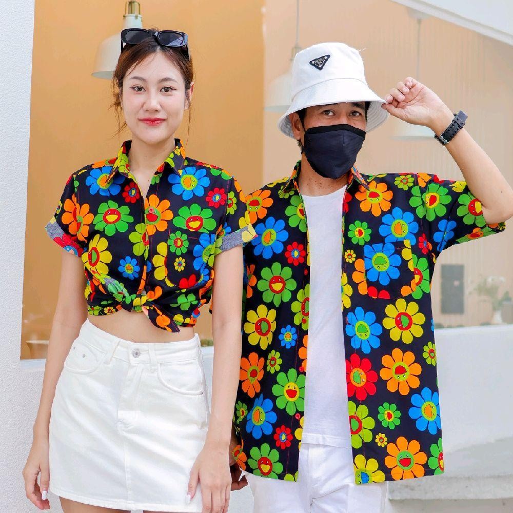 KING036เสื้อเชิ้ตลายยิ้ม  ผ้าคอตตอน100% สีไม่ตก ผ้าไม่หด ลายคมชัด มีไซส์หญิงชาย งานป้ายKTIERออกแบบเอง*1ตัว*