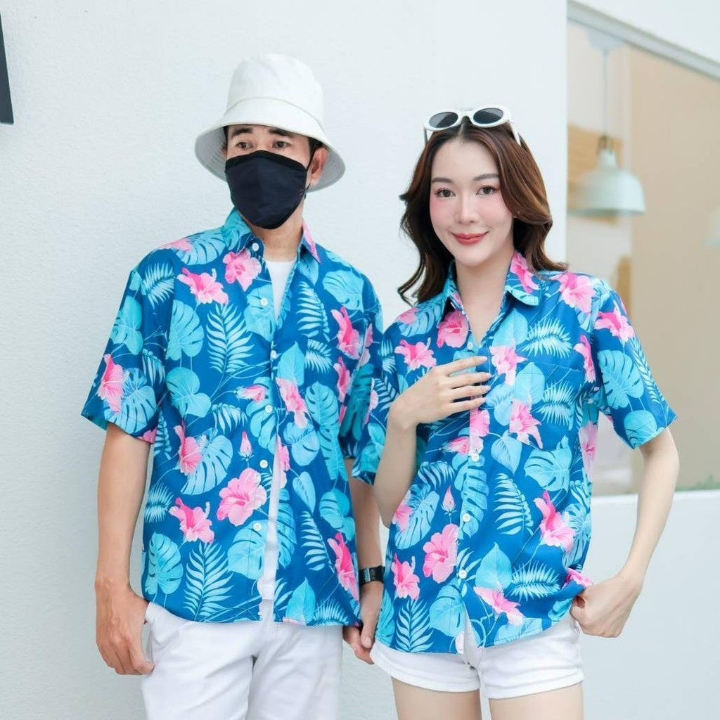 PINK3129 เสื้อฮาวายลายใหม่2025  ทรงวัยรุ่น หญิงชายใส่ได้ ผ้าโพลีพรีเมี่ยม ไซส์S-8XL งานปัาย ลายคมชัด  **1ตัว**