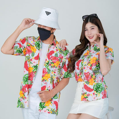 PINK028เสื้อเชิ้ตลายดอก ผ้าคอตตอน100% สีไม่ตก ผ้าไม่หดทลายคมชัด มีไซส์หญิงชาย34-56นิ้ว งานป้ายKTIER**1ตัว