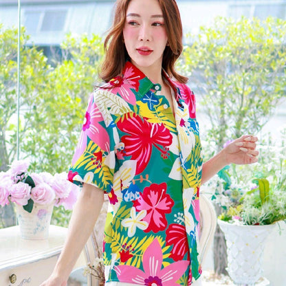 PINK03เสื้อฮาวายลายดอก ไซส์เด็ก-ผู้ใหญ่8XL ครบทีม ผ้าโพลีพลีเมี่ยม ทรงวัยรุ่น หญิงชายใส่ได้ ลายคมชัด **1ตัว**