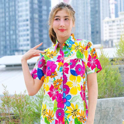 PINKเสื้อสงกรานต์ลายดอก ผ้าคอตตอน100% มีไซส์หญิง ชาย รุ่น0003