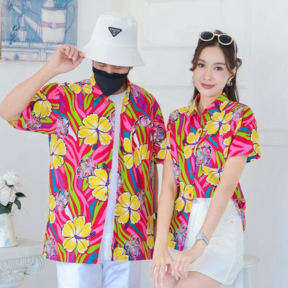 PINK031เสื้อเชิ้ตลายดอก ผ้าคอตตอน100% สีไม่ตก ผ้าไม่หดทลายคมชัด มีไซส์หญิงชาย34-56นิ้ว งานป้ายKTIER**1ตัว