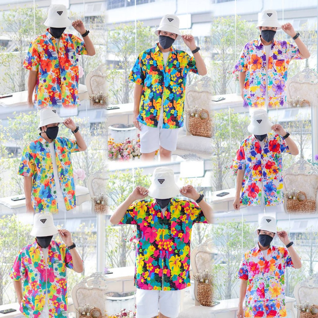 PINKรวมเสื้อเชิ้ตลายดอกผู้ชาย ทรงตรง ผ้าคอตตอน100% สีไม่ตก ผ้าไม่หด ลายคมชัด งานป้าย