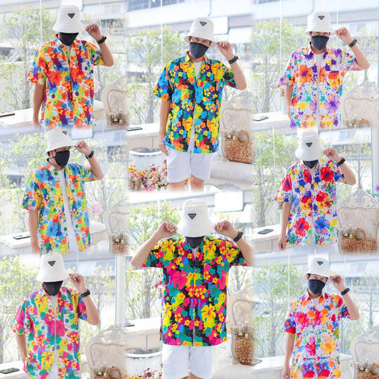 PINKรวมเสื้อเชิ้ตลายดอกผู้ชาย ทรงตรง ผ้าคอตตอน100% สีไม่ตก ผ้าไม่หด ลายคมชัด งานป้าย