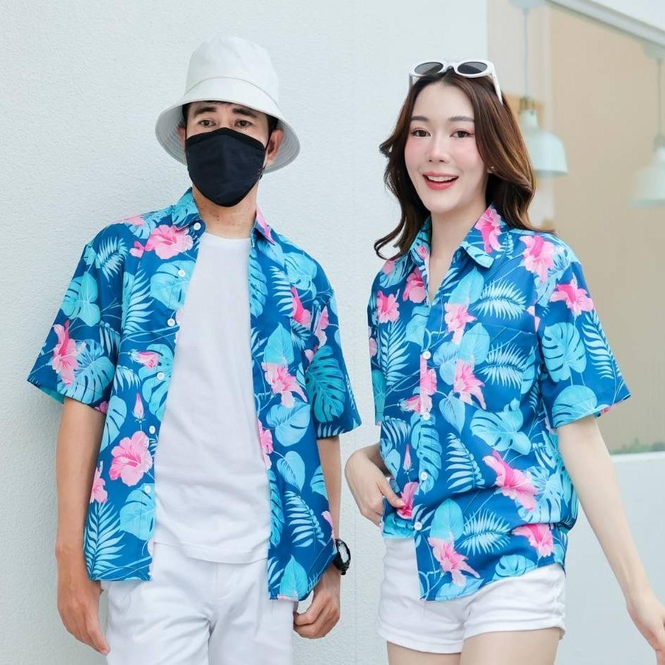 PINK3129 เสื้อฮาวายลายใหม่2025  ทรงวัยรุ่น หญิงชายใส่ได้ ผ้าโพลีพรีเมี่ยม ไซส์S-8XL งานปัาย ลายคมชัด  **1ตัว**