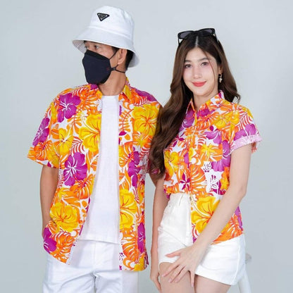 PINK030เสื้อเชิ้ตลายดอก ผ้าคอตตอน100% สีไม่ตก ผ้าไม่หดทลายคมชัด มีไซส์หญิงชาย34-56นิ้ว งานป้ายKTIER**1ตัว