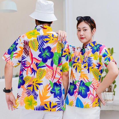 PINK033เสื้อเชิ้ตลายดอก ผ้าคอตตอน100% สีไม่ตก ผ้าไม่หด ลายคมชัด มีไซส์หญิงชาย งานป้ายKTIERออกแบบเอง*1ตัว*