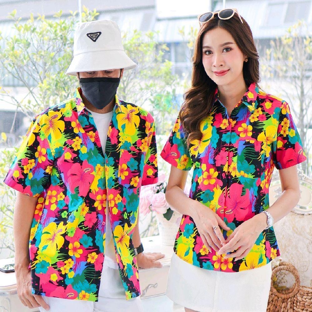 039เสื้อเชิ้ตลายดอก ผ้าคอตตอน100% สีไม่ตก ผ้าไม่หด ลายคมชัด มีไซส์หญิงชาย งานป้ายKTIERออกแบบเอง*1ตัว*
