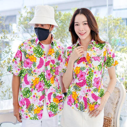 PINK028เสื้อเชิ้ตลายดอก ผ้าคอตตอน100% สีไม่ตก ผ้าไม่หดทลายคมชัด มีไซส์หญิงชาย34-56นิ้ว งานป้ายKTIER**1ตัว