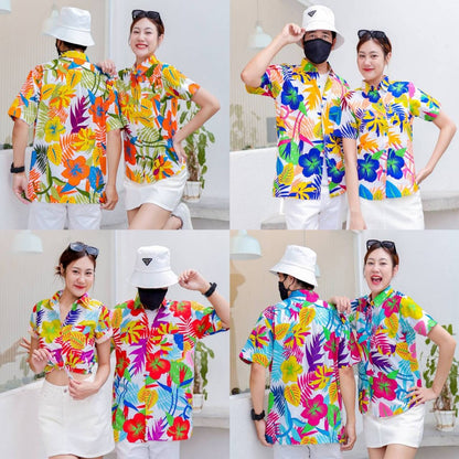 PINK033เสื้อเชิ้ตลายดอก ผ้าคอตตอน100% สีไม่ตก ผ้าไม่หด ลายคมชัด มีไซส์หญิงชาย งานป้ายKTIERออกแบบเอง*1ตัว*