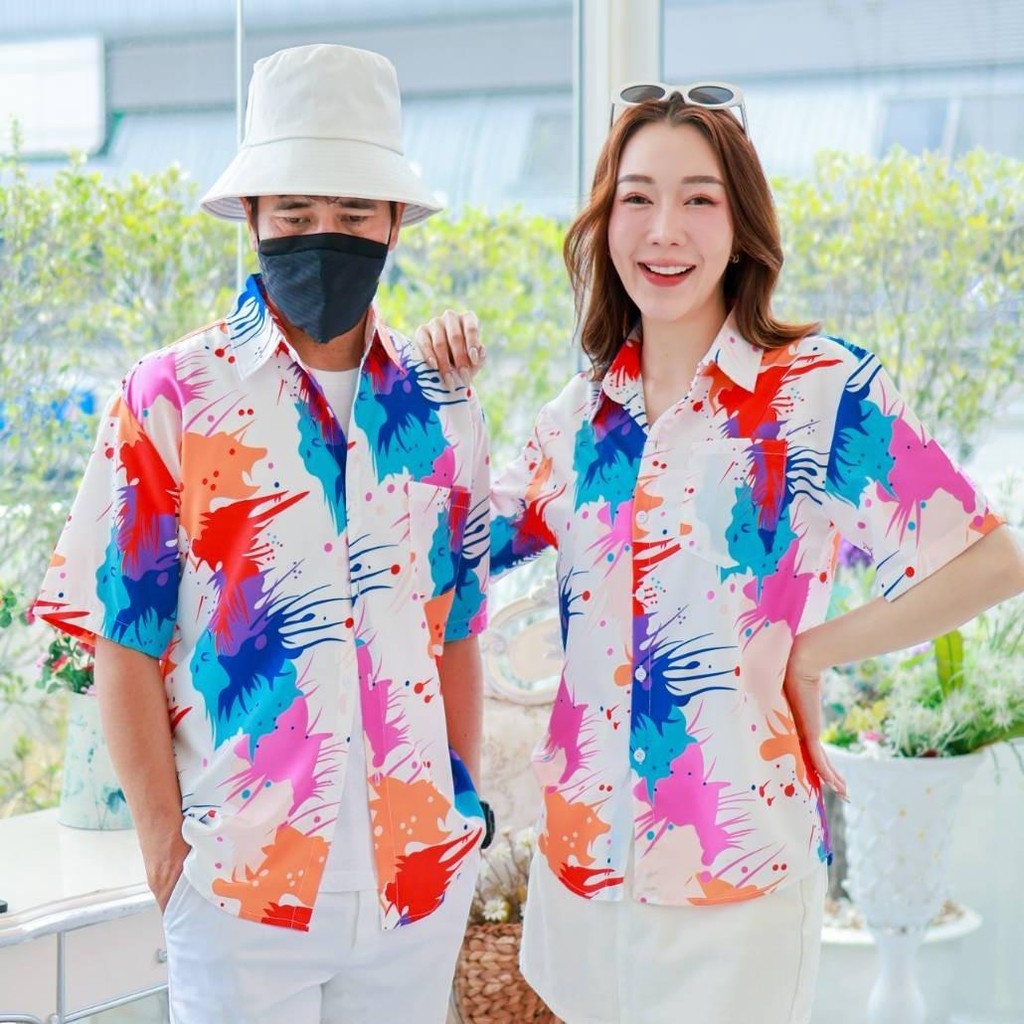 PINK3138 เสื้อฮาวายลายใหม่2025 สาดสี ทรงวัยรุ่น หญิงชายใส่ได้ ผ้าโพลีพรีเมี่ยม ไซส์38-56นิ้ว **1ตัว*