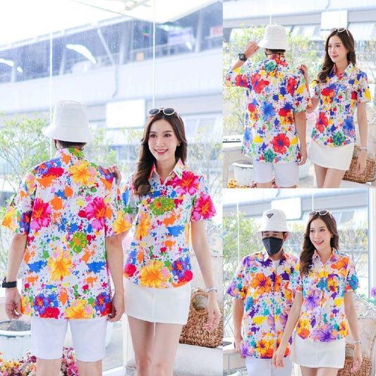 PINK038เสื้อเชิ้ตลายดอก ผ้าคอตตอน100% สีไม่ตก ผ้าไม่หด ลายคมชัด มีไซส์หญิงชาย งานป้ายKTIERออกแบบเอง*1ตัว*