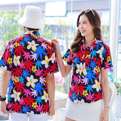 037เสื้อเชิ้ตลายดอก ผ้าคอตตอน100% สีไม่ตก ผ้าไม่หด ลายคมชัด มีไซส์หญิงชาย งานป้ายKTIERออกแบบเอง*1ตัว*