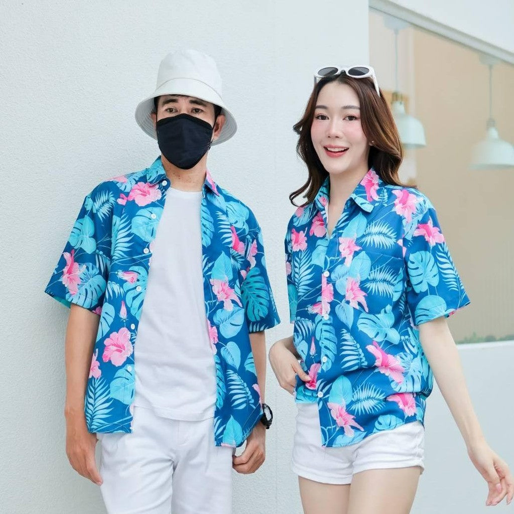 PINK3129 เสื้อฮาวายลายใหม่2025  ทรงวัยรุ่น หญิงชายใส่ได้ ผ้าโพลีพรีเมี่ยม ไซส์S-8XL งานปัาย ลายคมชัด  **1ตัว**