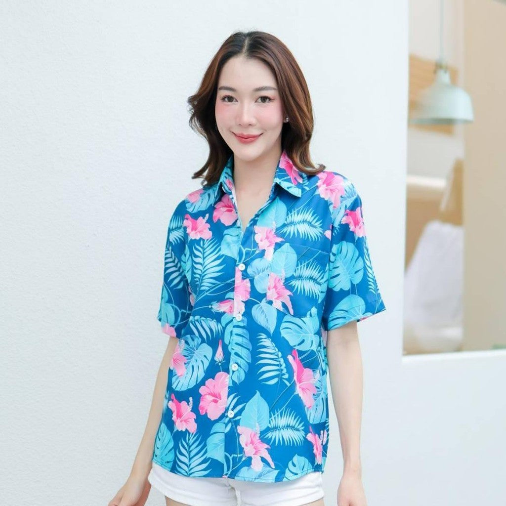 PINK3129 เสื้อฮาวายลายใหม่2025  ทรงวัยรุ่น หญิงชายใส่ได้ ผ้าโพลีพรีเมี่ยม ไซส์S-8XL งานปัาย ลายคมชัด  **1ตัว**