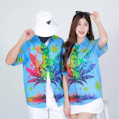 PINK3134 เสื้อฮาวายลายใหม่2025 ทรงวัยรุ่น หญิงชายใส่ได้ ผ้าโพลีพรีเมี่ยม ไซส์S-8XL งานปัาย ลายคมชัด  **1ตัว**
