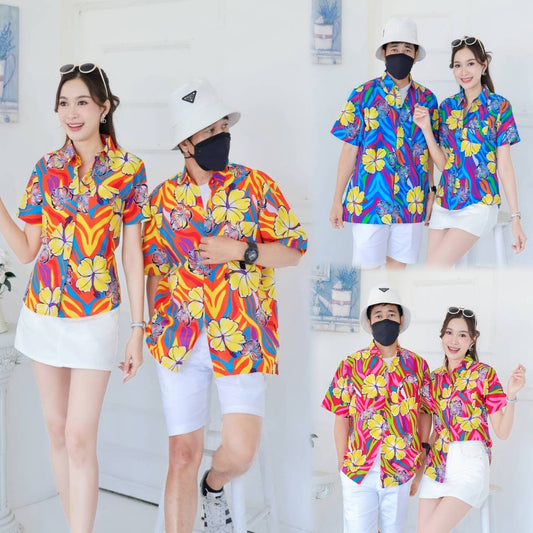 PINK031เสื้อเชิ้ตลายดอก ผ้าคอตตอน100% สีไม่ตก ผ้าไม่หดทลายคมชัด มีไซส์หญิงชาย34-56นิ้ว งานป้ายKTIER**1ตัว