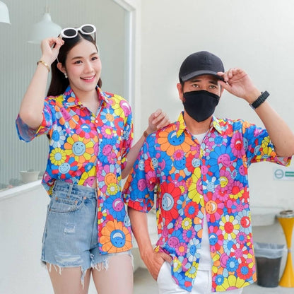 P3136 เสื้อฮาวายลายใหม่2025 ลายยิ้ม ทรงวัยรุ่น หญิงชายใส่ได้ ผ้าโพลีพรีเมี่ยม ไซส์เด็ก-ผู้ใหญ่ งานปัาย ลายคมชัด  1ตัว*