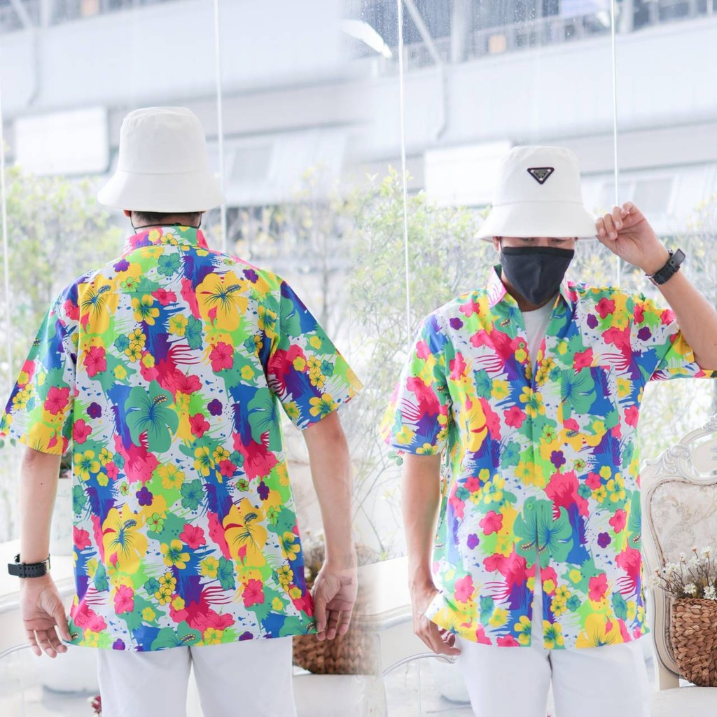 PINKรวมเสื้อเชิ้ตลายดอกผู้ชาย ทรงตรง ผ้าคอตตอน100% สีไม่ตก ผ้าไม่หด ลายคมชัด งานป้าย