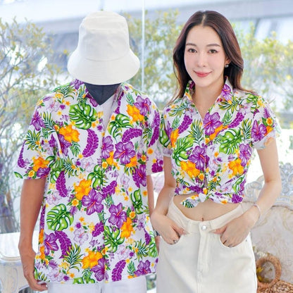 PINK028เสื้อเชิ้ตลายดอก ผ้าคอตตอน100% สีไม่ตก ผ้าไม่หดทลายคมชัด มีไซส์หญิงชาย34-56นิ้ว งานป้ายKTIER**1ตัว