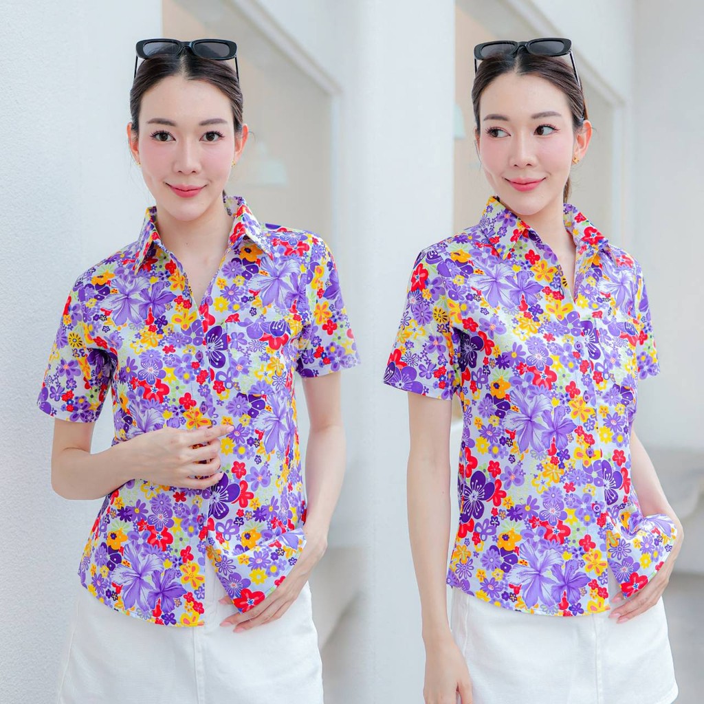 PINKรวมเสื้อเชิ้ตลายดอก2025 เสื้อสงกรานต์ลายดอก ผ้าคอตตอน100% สีไม่ตก ผ้าไม่หด