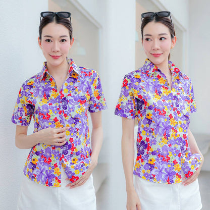 PINKรวมเสื้อเชิ้ตลายดอก2025 เสื้อสงกรานต์ลายดอก ผ้าคอตตอน100% สีไม่ตก ผ้าไม่หด